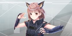 Rule 34 | 1girl, animal ears, arm armor, black jacket, blue reflection (series), blue reflection sun, braid, brown eyes, brown hair, cat ears, claw pose, closed mouth, fighting stance, game cg, grey background, grid background, highres, hoshiya kanna, jacket, kemonomimi mode, kishida mel, looking at viewer, non-web source, official art, short-sleeved jacket, short hair, short sleeves, single braid, smile, solo, upper body, zipper