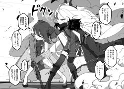 2girls black_horns blue_archive boots butterfly_hair_ornament china_dress chinese_clothes coat coat_on_shoulders demon_girl demon_horns double_bun dragon_print dress fluffy_hair forehead gloves greyscale gun hair_bun hair_ornament halo high_heels highres hina_(blue_archive) holding holding_gun holding_weapon horns jacket kisaki_(blue_archive) long_hair long_sleeves monochrome multiple_girls multiple_horns nezumin parted_bangs pelvic_curtain pinstripe_jacket pinstripe_pattern print_dress sleeveless sleeveless_dress smoke speech_bubble striped_clothes striped_jacket thighhighs translation_request twintails vertical-striped_clothes vertical-striped_jacket very_long_hair weapon
