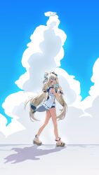 1girl absurdres ahoge animal_ears blonde_hair blue_eyes blue_hair blue_sky cat_ears cloud cumulonimbus_cloud dress fins fish_girl fish_tail food highres holding holding_food holding_popsicle indie_virtual_youtuber k_einosuke long_hair looking_at_viewer multicolored_hair open_mouth popsicle sameko_saba sandals short_shorts shorts sky sleeveless sleeveless_dress smile solo streaked_hair tail very_long_hair virtual_youtuber white_dress white_shorts