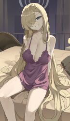 1girl absurdres alternate_costume arms_behind_back asuna_(blue_archive) bare_arms bare_shoulders blonde_hair blue_archive blue_eyes blush breasts cleavage dddm hair_over_one_eye highres indoors large_breasts long_hair looking_at_viewer nightgown parted_lips purple_nightgown sitting smile solo