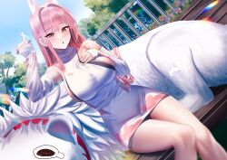 1girl absurdres animal animal_ear_fluff animal_ears bare_shoulders bike_shorts black_shorts black_sports_bra blush breasts day detached_sleeves dutch_angle goddess_of_victory:_nikke hair_intakes hand_on_own_chest highres large_breasts leona_(nikke) lion long_hair manjo_(warito) outdoors pink_hair shirt shorts sideboob sideless_shirt sidelocks sitting sports_bra thighs timi_(nikke) turtleneck turtleneck_shirt white_shirt yellow_eyes