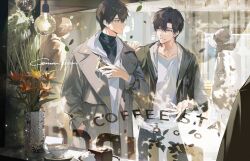 2boys absurdres ameinu black_hair brown_eyes brown_hair flower hand_in_pocket highres hood jacket long_sleeves looking_at_another male_focus multiple_boys open_clothes open_jacket original outdoors pants shirt short_hair smile windbreaker