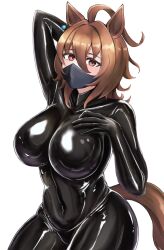 1girl agnes_tachyon_(umamusume) ahoge alternate_costume animal_ears arm_up black_bodysuit black_mask blush bodysuit breasts brown_hair commentary_request cowboy_shot earrings hair_between_eyes hand_on_own_chest highres horse_ears horse_girl horse_tail jewelry large_breasts latex latex_bodysuit mask miya_nns35 mouth_mask red_eyes short_hair simple_background single_earring solo tail umamusume white_background