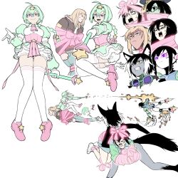 &gt;_&lt; 1boy 6+girls anger_vein animal_ears black_eyes black_hair black_mask blank_eyes blonde_hair bloomers blue_pants bound braid braided_ponytail breasts brown_jacket clenched_teeth closed_eyes colored_skin commentary denim dress english_commentary expressionless flying fox_ears fox_tail frilled_dress frills furry furry_female glasses gloves goggles goggles_around_neck green_hair green_skin hairband hat highres holding holding_scepter jacket jeans jiangshi magic magical_girl mask_pull medium_breasts medium_hair microdress missile multicolored_hair multiple_girls multiple_persona ofuda open_mouth original pants pink-framed_eyewear pink_eyes pink_ribbon pink_shoes qingdai_guanmao ribbon robot_girl roots_(hair) scepter shoes sidelocks single_braid star_(symbol) star_hairband sticker_on_face sweat sweatdrop tail teeth thighhighs tied_up_(nonsexual) underwear white_bloomers white_gloves white_hair white_shoes white_thighhighs yblndr yellow_eyes