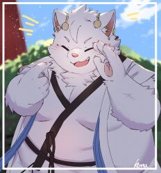 1boy animal_ears artist_name belly cat_boy cat_ears chikuzen_(tamacolle) claws closed_eyes commentary_request fang fat fat_man furry furry_male highres komu_(komu_san08) male_focus open_mouth pawpads pointing pointing_at_self smile tamacolle whiskers