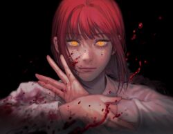 Rule 34 | 1girl, black background, black necktie, blood, blood on clothes, blood on face, blood splatter, chainsaw man, dark, dark background, highres, looking at viewer, makima (chainsaw man), medium hair, necktie, rangrarii, red hair, ringed eyes, shirt, sidelocks, simple background, solo, straight-on, white shirt, yellow eyes