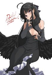 1girl awa_subaru bare_shoulders black_dress black_gloves black_hair blush breasts bridal_gauntlets cleavage cleavage_cutout clothes_pull clothing_cutout commentary dated demon_horns dress dress_pull fang fur-trimmed_dress fur_trim girls_band_cry gloves highres horns long_hair looking_at_viewer low_wings medium_breasts motenaikitakami open_mouth pointy_ears purple_eyes simple_background smile tongue tongue_out white_background wings