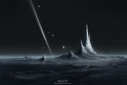 artist_logo commentary english_commentary fog grey_theme kvacm logo moon mountain night night_sky no_humans original planetary_ring scenery sky space star_(sky) starry_sky