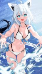 1girl absurdres ahoge alternate_costume animal_ear_fluff animal_ear_piercing animal_ears aqua_eyes bare_shoulders bikini blush braid breasts cleavage collarbone fox_ears fox_girl fox_tail hair_between_eyes highres hololive holonatsu_paradise long_hair medium_breasts mu_me0812 navel open_mouth pentagram shirakami_fubuki side_braid smile solo splashing stomach swimsuit tail virtual_youtuber water white_bikini white_hair