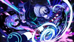 Rule 34 | 1boy, black hair, blue eyes, cityscape, floating, highres, holding, holding weapon, hood, hoodie, kuronaka yo, looking at viewer, male focus, multicolored hair, non-web source, official art, open mouth, shoes, short hair, sneakers, solo, tribe nine, two-tone hair, v-shaped eyebrows, weapon, white hair