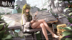1girl arknights bare_legs barefoot black_choker black_skirt blunt_bangs blush box bracelet breasts brown_shirt cardboard_box chair chinese_commentary choker closed_mouth commentary copyright_name crossed_legs green_hair greenhouse hair_ornament hand_up highres indoors infection_monitor_(arknights) jewelry lab_coat legs ling_dianxia long_hair long_sleeves looking_at_viewer machinery medium_breasts miniskirt muelsyse_(arknights) office_chair open_clothes plant pointy_ears potted_plant shelf shirt sitting skirt smile solo swivel_chair table very_long_hair yellow_eyes