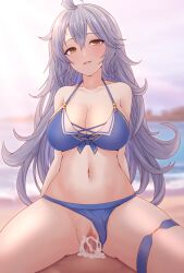 1boy 1girl absurdres ahoge bare_shoulders beach bikini bikini_bottom_aside blue_bikini braid breasts brown_eyes censored cleavage clothing_aside collarbone cowgirl_position cum cum_in_pussy cum_overflow front-tie_bikini_top front-tie_top girl_on_top granblue_fantasy hair_between_eyes hetero highres koumei_(twinameless) large_breasts long_hair looking_at_viewer mosaic_censoring navel open_mouth outdoors penis pov sex silva_(granblue_fantasy) smile solo_focus straddling swimsuit thigh_strap thighs twin_braids vaginal