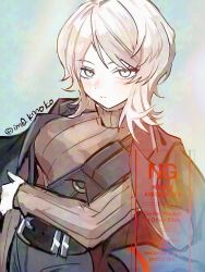 Rule 34 | 1girl, black coat, black vest, blue background, blue eyes, breasts, brown sweater, closed mouth, coat, coat on shoulders, commentary request, faust (project moon), limbus company, long sleeves, looking at viewer, medu (rubish), project moon, short hair, simple background, solo, standing, sweater, upper body, vest, white hair