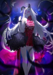 abigail_williams_(fate) abigail_williams_(fgo_fes._2025)_(fate) abigail_williams_(third_ascension)_(fate) absurdres bare_shoulders bow bracelet breasts colored_skin destiny123456 dress fate/grand_order fate_(series) forehead highres jewelry keyhole parted_bangs red_dress red_eyes small_breasts tentacles thighs third_eye white_hair white_skin