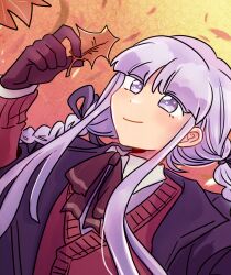 1girl aged_down alternate_costume autumn_leaves black_jacket braid brown_ribbon closed_mouth collared_shirt commentary danganronpa danganronpa_(series) danganronpa_kirigiri english_commentary eyelashes gloves hair_ribbon holding holding_leaf jacket kirigiri_kyoko leaf long_sleeves ministarfruit neck_ribbon open_clothes open_jacket purple_eyes purple_hair purple_ribbon red_gloves red_vest ribbon shirt smile solo twin_braids vest white_shirt
