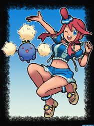 Rule 34 | 1girl, 2024 pokemon teraleak, ;d, absurdres, alternate color, artist name, blue eyes, blue shorts, commentary, crop top, english commentary, full body, gen 2 pokemon, highres, honduran flag, honduras, jumpluff, midriff, navel, nintendo, official alternate costume, one eye closed, open mouth, pokemon, pokemon (creature), pokemon masters ex, poltartgeist, red hair, short hair with long locks, short shorts, shorts, sidelocks, skyla (pokemon), skyla (summer 2025) (pokemon), smile, teeth, upper teeth only