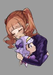 2girls :o age_difference aged_down aged_up aisaki_emiru alt_text arms_around_neck black_jacket blazer blunt_bangs bow brown_hair child closed_eyes commentary_request cone_hair_bun cropped_torso crying double_bun eyelashes grey_background hair_bow hair_bun hairband happy_tears highres hug hugtto!_precure jacket light_blush light_smile lipstick long_hair long_sleeves looking_at_another makeup multiple_girls oekakisuru13 parted_lips pointy_nose precure purple_bow purple_eyes purple_hair purple_shirt red_lips ruru_amour sailor_collar school_uniform serafuku shirt simple_background spoilers tareme teardrop tears teeth twintails wavy_hair white_sailor_collar yellow_hairband