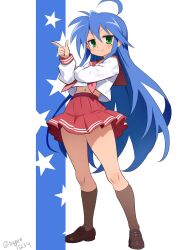 Rule 34 | 1girl, :3, ahoge, blue hair, blush, green eyes, highres, izumi konata, kneehighs, long hair, looking at viewer, lucky star, midriff, mole, mole under eye, nagare (flow), navel, neckerchief, red sailor collar, ryouou school uniform, sailor collar, school uniform, serafuku, skirt, smile, socks, solo, thighs, very long hair