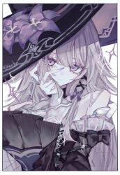 1girl 4xcho bare_shoulders black_dress closed_mouth dress flower hair_over_shoulder hat hat_flower herta_(honkai:_star_rail) highres honkai:_star_rail honkai_(series) large_hat long_hair looking_at_viewer partially_colored purple_eyes purple_flower smile solo the_herta_(honkai:_star_rail) witch_hat
