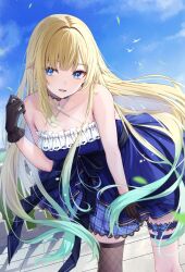 1girl aizawa_ema aqua_hair bare_shoulders black_gloves blonde_hair blue_dress blue_sky blush breasts brown_thighhighs choker cleavage dress fishnet_thighhighs fishnets floating_hair gloves gradient_hair highres lace lace_choker leaning_forward long_hair multicolored_hair outdoors parted_lips sakuno_(sksk_sakuno) single_thighhigh sky smile solo thighhighs virtual_youtuber vspo!