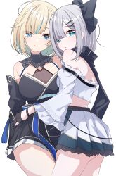 2girls absurdres aizawa_ema bare_shoulders black_gloves blonde_hair blush bow breasts cleavage closed_mouth commentary_request fingerless_gloves gloves green_eyes green_hair grey_bow grey_hair hair_bow hair_ornament hairclip highres kaga_sumire looking_at_viewer mole mole_under_eye multicolored_hair multiple_girls open_mouth simple_background skirt takeyabunora two-tone_hair virtual_youtuber vspo! white_background