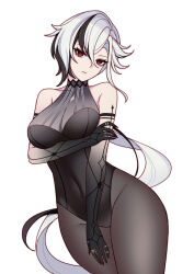 1girl arlecchino_(genshin_impact) arm_tattoo bare_shoulders black_eyes black_hair black_leotard black_pantyhose breasts charlie_purrito covered_navel cowboy_shot genshin_impact groin highres large_breasts leotard long_hair looking_at_viewer multicolored_hair pantyhose simple_background solo standing streaked_hair tattoo thighs very_long_hair white_background white_hair
