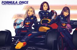 3girls absurdres april_jubilees artist_name black_eyes blonde_hair blue_jumpsuit brown_hair car chaeyoung_(twice) copyright_name formula_one formula_racer helmet highres holding holding_helmet jumpsuit k-pop logo_parody long_hair looking_at_viewer looking_to_the_side momo_(twice) motor_vehicle multiple_girls nayeon_(twice) parted_lips pink_helmet race_vehicle racecar racing_suit real_life red_bull red_lips short_hair smile spoiler_(automobile) tag_heuer twice_(group) unworn_headwear unworn_helmet white_helmet