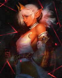 Rule 34 | 1girl, artist name, commentary, dark elf, elf, english commentary, fantasy, from side, highres, large ears, mole, mole under eye, multiple moles, original, pointy ears, red eyes, sebijy, solo, white hair