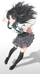 1girl absurdres ahoge awa_subaru black_hair black_shoes black_socks bow bowtie breasts closed_mouth collared_shirt commentary_request dress_shirt fingernails floating_hair full_body girls_band_cry green_bow green_bowtie grey_skirt hair_ribbon highres jumping kneehighs large_breasts light_blush loafers long_hair looking_at_viewer outstretched_arms parted_bangs plaid_clothes plaid_skirt pleated_skirt pointing purple_eyes ribbon shadow shirt shoes short_sleeves simple_background skirt smile socks spread_arms tbyjpg very_long_hair white_background white_ribbon white_shirt