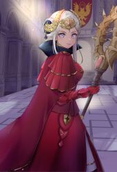 1girl armor axe aymr_(fire_emblem) breasts cape closed_mouth collared_cape double_bun dress edelgard_von_hresvelg edelgard_von_hresvelg_(timeskip) fake_horns fire_emblem fire_emblem:_three_houses gloves hair_bun hair_ornament headpiece highres holding holding_axe horned_headwear horns long_hair looking_at_viewer medium_breasts mugitoro_(dsfv2277) nintendo purple_eyes red_cape red_dress solo white_hair