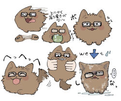 animal animal_focus animalization ball black_eyes commentary_request dog glasses highres pomeranian_(dog) randal&#039;s_friends randal_ivory riokku_heya simple_background tail tail_wagging tongue tongue_out translation_request wet white_background