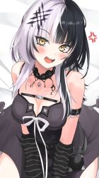 1girl absurdres anger_vein bare_shoulders belt black_belt black_choker black_dress black_hair blush breasts chest_belt choker cleavage commentary cross cross_earrings dress earrings grey_hair hair_ornament highres hololive hololive_english jewelry large_breasts long_hair looking_at_viewer multicolored_hair nobarts open_mouth raised_eyebrow seiza shiori_novella shiori_novella_(1st_costume) sitting sleeveless sleeveless_dress solo split-color_hair striped_arm_warmers two-tone_hair virtual_youtuber yellow_eyes