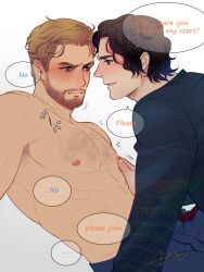 2boys animification artist_name beard black_shirt blonde_hair blue_eyes blush brown_eyes brown_hair closed_mouth collarbone commentary_request english_text facial_hair fingernails highres john_walker_(marvel) long_sleeves looking_at_another male_focus marvel marvel_cinematic_universe multiple_boys muscular muscular_male nipples notice_lines pectorals scar sentry_(marvel) sherlock7akane shirt short_hair simple_background sitting smile speech_bubble striped_clothes striped_shirt sweat teeth thunderbolts_(movie) v-shaped_eyebrows white_background yaoi
