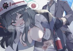 1boy 1girl absurdres black_hair blue_archive breasts breasts_out censored damao_(kiwa777) emoji fur-trimmed_jacket fur_trim grabbing_another&#039;s_arm green_halo halo hanging_breasts hard_hat helmet hetero highres jacket large_breasts leaning_forward long_hair looking_at_another looking_back minori_(blue_archive) mosaic_censoring nipples pantyhose scarf shirt spoken_emoji torn_clothes torn_pantyhose white_helmet white_scarf white_shirt