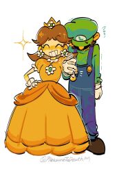 1boy 1girl artist_name couple crown dress embarrassed facial_hair green_hat green_shirt grin hat highres holding_hands luigi mario_(series) mustache nintendo pleasure2death princess_daisy shirt shy signature smile tomboy twitter_username yellow_dress
