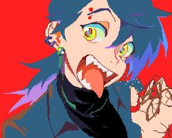 1girl long_tongue red_background ruzzu_(ru_zzu) sharp_teeth tagme teeth tongue tongue_out
