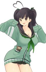 1girl ascot black_sailor_collar breasts brown_eyes brown_hair cleavage green_ascot green_sweater hashtag-only_commentary large_breasts long_hair long_sleeves looking_at_viewer misato_(senran_kagura) official_alternate_costume open_mouth sailor_collar senran_kagura short_twintails sleeves_past_wrists smile solo stuffed_animal stuffed_toy sweater tanuki twintails white_background yoniki