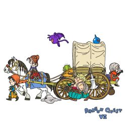Rule 34 | 2girls, 4boys, 4others, aqua pants, axe, bandana, black bow, blue shirt, bow, brown hair, chibi, colored skin, copyright name, cross scar, dracky, dragon quest, dragon quest viii, earrings, facial hair, facial scar, fur vest, green skin, grey hair, hair bow, hair tubes, hero (dq8), holding, holding axe, horse, instrument, jessica albert, jewelry, kukuru (dq8), liquid metal slime (dq), low ponytail, lute (instrument), medea (dq8), medea (horse) (dq8), metal hair tubes, multiple boys, multiple girls, multiple others, munchie (dq8), music, off-shoulder shirt, off shoulder, orange bandana, orange hair, orange robe, pants, playing instrument, pointy ears, ponytail, profile, purple shirt, red pants, red shirt, red skirt, riding, robe, scar, scar on arm, scar on cheek, scar on face, shirt, short hair, skirt, slime (dragon quest), sphere earrings, spiked hat, stubble, tcgf 04, toriyama akira (style), trode, wagon, white background, yangus