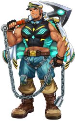 1boy anchor bara belt biceps black_hair blonde_hair blue_pants boots coat covered_abs earrings eyewear_around_neck facial_hair fingerless_gloves gloves goatee grin hat jewelry kiloc_(live_a_hero) knee_pads large_pectorals leather leather_boots live_a_hero male_focus military_hat multicolored_hair muscular muscular_male official_art pants pectorals smile solo suamaru tank_top thick_eyebrows tight_clothes transparent_background two-tone_hair white_coat
