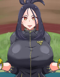 1girl black_hair breasts brown_eyes cross_scar dendra_(pokemon) game_freak highres large_breasts nintendo pokemon pokemon_sv scar track_suit u_na_765