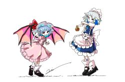 Rule 34 | 2girls, apron, bat wings, black shoes, black wings, blue hair, blue skirt, blue vest, bow, bowtie, braid, center frills, collared dress, demon wings, dress, fighting stance, fingernails, frilled apron, frilled dress, frilled hat, frilled skirt, frills, green bow, green bowtie, hat, hat ornament, hat ribbon, headdress, holding, holding knife, holding pocket watch, holding weapon, imperishable night, izayoi sakuya, knife, large ribbon, looking at viewer, looking to the side, maid, maid apron, maid headdress, medium hair, mob cap, multiple girls, nail polish, open mouth, parted bangs, pink dress, pink hat, pocket watch, puffy short sleeves, puffy sleeves, red eyes, red nails, red ribbon, remilia scarlet, ribbon, sharp fingernails, shirt, shoes, short sleeves, signature, simple background, skirt, smile, socks, teeth, touhou, twin braids, vampire, vest, waist ribbon, watch, wavy hair, weapon, white apron, white background, white hair, white headdress, white ribbon, white shirt, white socks, wings, yoiy san
