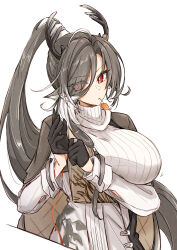 1girl absurdres adjusting_clothes adjusting_gloves animal_ears antlers arknights arm_under_breasts black_gloves breasts brown_cape cape commentary deer_antlers deer_ears deer_girl dress eyes_visible_through_hair gloves grey_hair hair_over_one_eye half_gloves highres horns large_breasts leaf_in_mouth long_hair long_sleeves maiq06 official_alternate_costume parted_bangs ponytail qiubai_(arknights) qiubai_(wine-flushed_is_woods_of_rime)_(arknights) quilted_cape red_eyes simple_background solo sweater sweater_dress turtleneck turtleneck_dress turtleneck_sweater upper_body white_background white_dress yellow_leaf