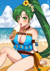 1girl artist_name beach bikini blue_bikini breasts cleavage cloud cloudy_sky e_m_a earrings fire_emblem fire_emblem:_the_blazing_blade fire_emblem_heroes flower food green_eyes green_hair hair_flower hair_ornament high_ponytail highres ice_cream ice_cream_cone jewelry large_breasts licking long_hair looking_at_viewer lyn_(brave_lady)_(fire_emblem) lyn_(fire_emblem) nintendo ocean official_alternate_costume open_mouth ponytail sky solo swimsuit tongue tongue_out very_long_hair