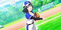 1girl baseball baseball_cap baseball_glove baseball_uniform belt belt_buckle bench bike_shorts black_belt black_hair black_undershirt blue_hat blush bob_cut buckle building chain-link_fence cowboy_shot day dutch_angle embarrassed fang fence furrowed_brow grass hair_between_eyes hand_up hat highres looking_ahead love_live! love_live!_nijigasaki_high_school_idol_club love_live!_school_idol_festival_all_stars medium_hair mifune_shioriko official_art open_mouth outdoors pants pitching playing_sports raised_inner_eyebrows red_eyes running_track school shirt shirt_under_shirt short_sleeves shorts solo sportswear striped_clothes striped_shirt sunlight tree vertical-striped_clothes vertical-striped_shirt white_shirt white_shorts