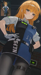 1girl ? absurdres black_pantyhose blonde_hair character_request charlotte_(zenless_zone_zero) checkered_necktie collared_shirt cowboy_shot dress from_below gloves grey_eyes hair_ornament hairclip hands_on_own_hips highres long_hair looking_at_viewer looking_down necktie pantyhose police police_uniform policewoman reference_inset rega shirt short_sleeves skindentation solo two-tone_dress white_gloves white_shirt zenless_zone_zero