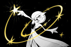black_background bob_cut closed_eyes cucumber_(wanton9cum) dress gardevoir gen_3_pokemon hair_over_one_eye highres nintendo open_mouth pokemon pokemon_(creature) signature simple_background smile white_dress