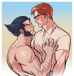 Rule 34 | 2boys, arm hair, bara, beard stubble, biceps, black hair, blue eyes, blush, brown hair, chest hair, clenched teeth, commentary, cyclops (x-men), english commentary, facial hair, glasses, hairy, hand on another&#039;s chest, height difference, highres, kalamari, large pectorals, looking at another, male focus, marvel, multiple boys, muscular, muscular male, pectorals, shirt, short hair, short sleeves, spiked hair, stubble, teeth, topless male, wolverine (x-men), x-men, x-men: the animated series, yaoi