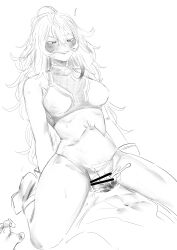 1girl :q absurdres amano44 bar_censor bikini blush boku_no_hero_academia breasts censored cowgirl_position cum cum_in_pussy greyscale hagakure_toru hetero highres large_breasts long_hair midoriya_izuku monochrome sex stomach_bulge straddling sweat swimsuit tongue tongue_out unusually_visible