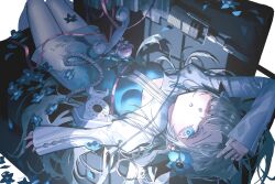 1girl absurdres arm_up blue_dress blue_eyes blue_flower colored_eyelashes corded_phone dress flower grey_hair hair_flower hair_ornament hair_over_one_eye hayama_hashiwo highres isekaijoucho kamitsubaki_studio long_hair long_sleeves looking_at_viewer lying nemophila_(flower) on_back pantyhose parted_lips phone shrug_(clothing) solo virtual_youtuber white_pantyhose white_shrug