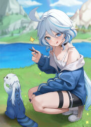 1girl 1other :q alternate_costume bare_shoulders black_shorts blue_eyes blue_fur blue_hair blue_jacket blurry blurry_background breasts furina_(genshin_impact) genshin_impact grass hair_between_eyes heterochromia holding holding_pen jacket lake leisurely_otter_(genshin_impact) long_hair long_sleeves mismatched_pupils mookyuu9 multicolored_fur multicolored_hair otter outdoors pen shoes short_shorts shorts small_breasts spaghetti_strap sparkle squatting tongue tongue_out white_fur white_hair